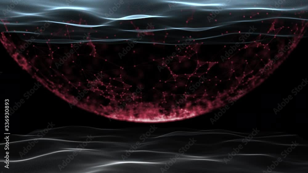 Poster red energy 3d rendering cropped sphere in pulsing waves environment.