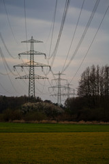 many power poles in the landscape, with sagging power cables