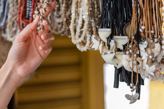 Handmade necklace made of shark teeth, souvenier jewelry.