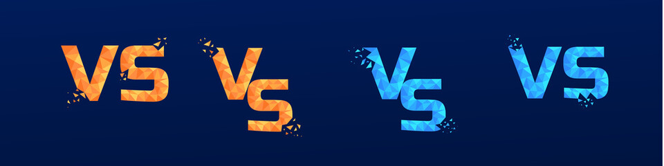 Set of Vector VS orange and blue glittering symbol on black polygonal background.