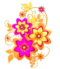 Floral arrangement, stylized golden leaves and flowers, shiny berries, delicate curls, geometric shape, paisley elements, isolated on a white background. 3d rendering