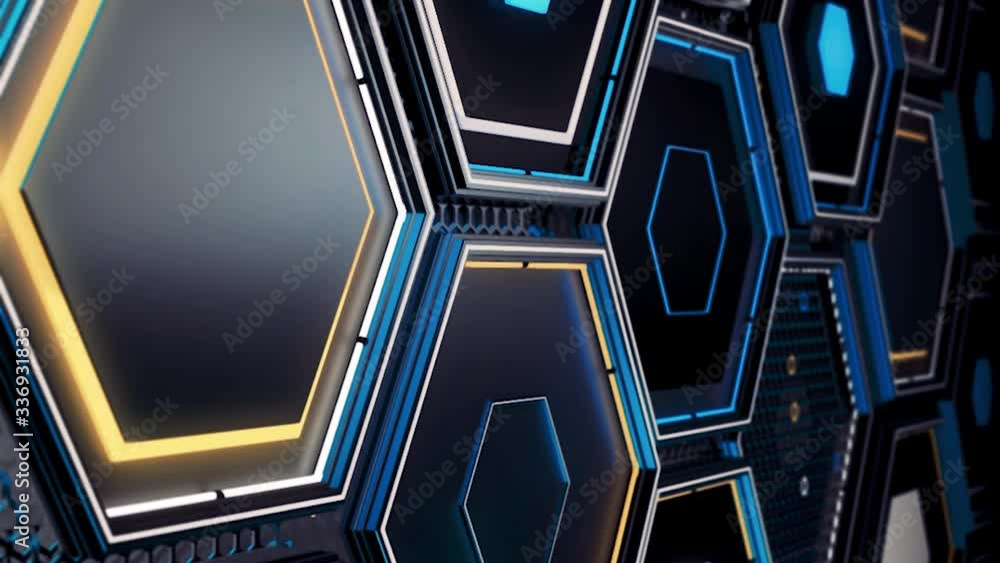 Poster Technological pattern with many geometric hexagon frames of blue and yellow colors on black background, seamless loop. Animation. Close up of futuristic surface with hexagons.