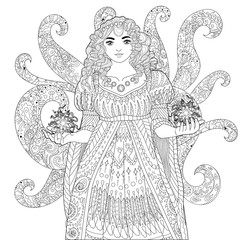 Coloring book for adults with beautiful medieval lady