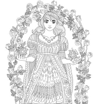 Coloring book for adults with beautiful medieval magician wearing a historical outfit