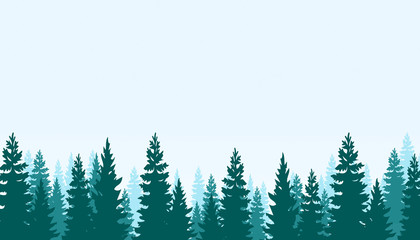 Realistic vector illustration of a coniferous forest under blue sky and space for text.