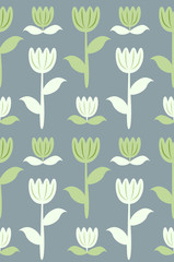 Seamless pattern of tulips and little flowers. Spring illustration in retro folk style. Stock vector ornament for web, print, backgrounds, wallpaper, scrapbooking, wrapping paper and textile