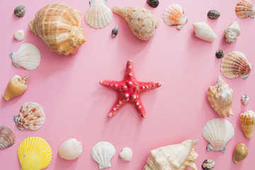 Seashells and star symbol of summer holiday on the beach on a pink background. Flat lay and top view.