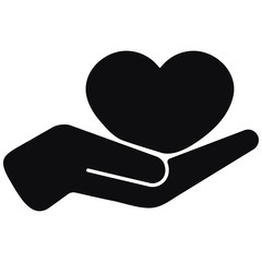 Obraz premium Heart in hand black vector icon isolated on white background.