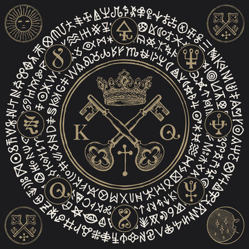 Vector illustration with crown, old crossed keys and magical symbols in retro style on the black background. Hand-drawn banner with esoteric signs and magic runes written in a circle