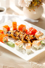 sushi with salmon and red caviar and horseradish