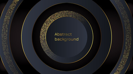 The abstract background of a halftone gradient. Luxury decoration, golden glitter pattern. Modern geometric style. A round place for text. Stylish conception. Black and gold template, minimal banner.