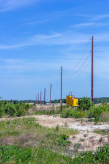 Apocalyptic landscape. Abandoned electric transformer station among on cracked and scorched land....