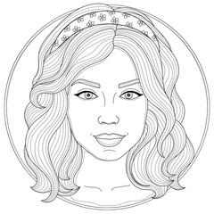 Girl with a hairstyle.Coloring book antistress for children and adults. Illustration isolated on white background.Zen-tangle and doodle style. Black and white drawing