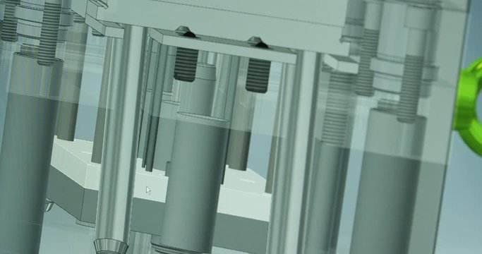 3D rendering representing an plastic injection mold development with the help of the 3d software and computer, middle plan