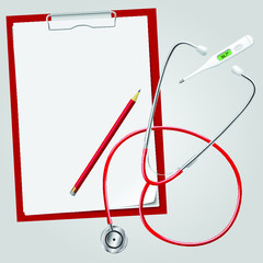 Medical set. Stethoscope, thermometer, holders for paper, pencil. Realistic style.