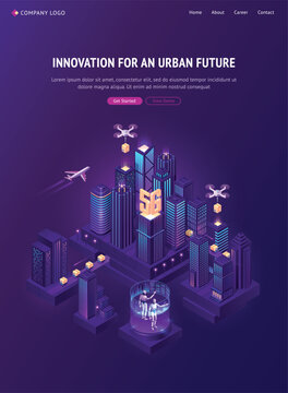 Innovation for urban future isometric landing page. Autonomous shipping technology. Vector isometric illustration of smart city with drone delivery cardboard boxes, remote robot control