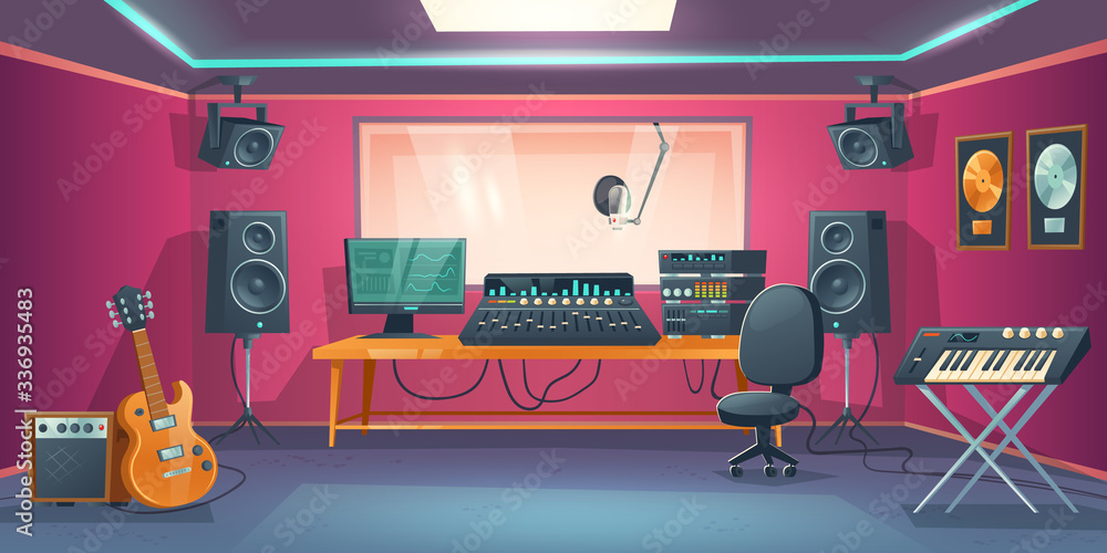 Wall mural Music studio control room and singer booth behind glass. Vector cartoon interior with sound recording tools, guitar and synthesizer, audio mixer and microphone. Professional music workstation