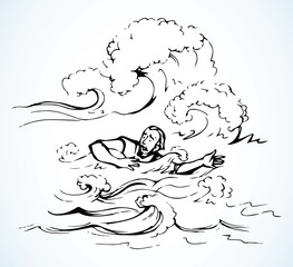 Man swims through the waves of the storm. Vector drawing