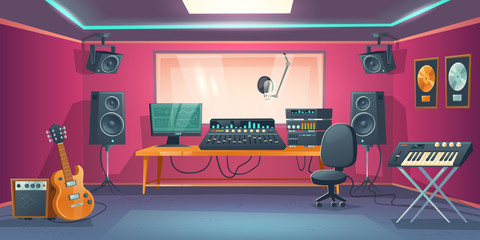 Music studio control room and singer booth behind glass. Vector cartoon interior with sound recording tools, guitar and synthesizer, audio mixer and microphone. Professional music workstation - obrazy, fototapety, plakaty