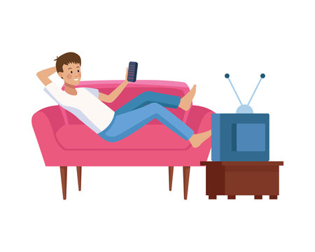 man relaxing on pink couch watching tv clip art preview