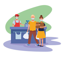 couple shopping in supermarket with face mask and salesman