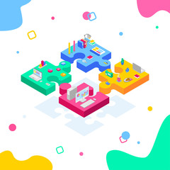 Startup employees. Thinking goal, puzzle infographics. Collaboration is the construction of an agent group to create a team. Web design concept. White isolated concept with flat isometric vector icons