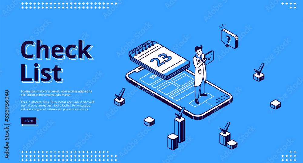 Poster check list isometric landing page. business man stand on huge smartphone screen with calendar holdin
