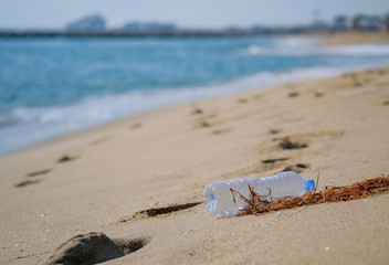 Empty plastic bottle with seaweeds on sand, blue sea backdrop. Global problem of Garbage in sea. Environmental pollution concept with copy space. Garbage on sandy beach. Pollution water with plastic. 