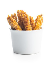 Breaded fried chicken strips.