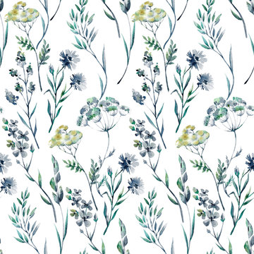 Seamless pattern with watercolor herbs and wildflowers.
