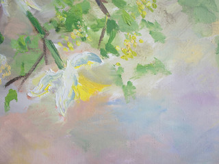 Spring pastel colours background with flower. Wallpaper with one abstract hand painted white daffodil.