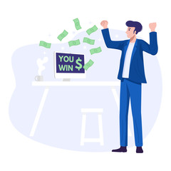 Work from home concept, A young happy man making money on internet. Vector