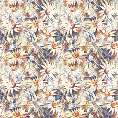 Camomiles Seamless Pattern. Watercolor Background.