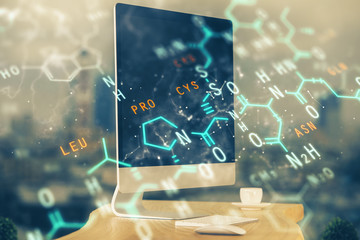 Desktop computer background and formula hologram writing. Double exposure. Education concept.