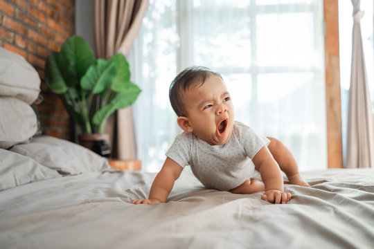 asian baby learn to crawl on the bed. crawling development milestone
