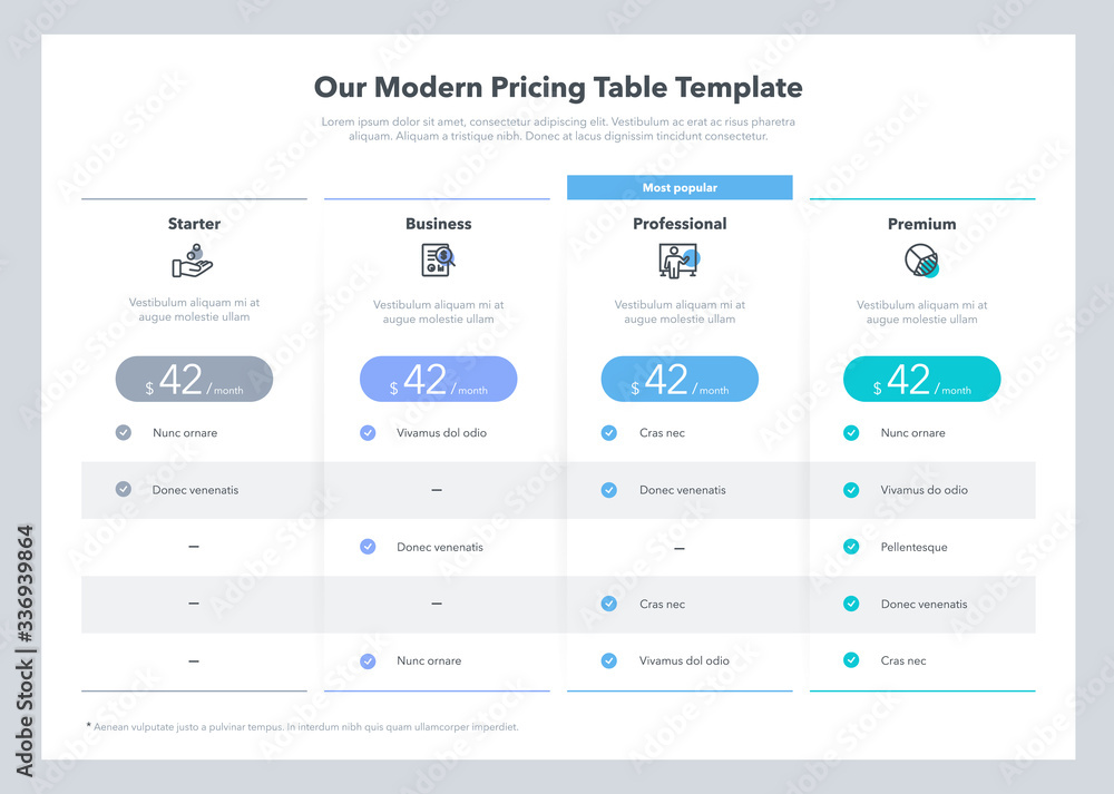 Poster Modern looking pricing table design with four subscription plans. Flat infographic design template for website or presentation.