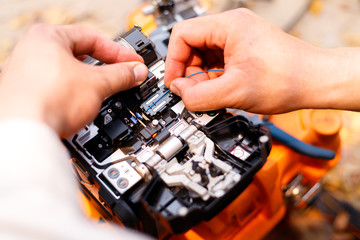 Fiber Optic Cable Connection Internet signal and Wire connection with Fiber Optic Fusion Splicing...