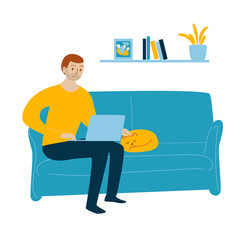 Man sitting on sofa with laptop. Stay home. Work from home during quarantine social distancing period of pandemic corona virus or covid-19