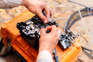 Fiber Optic Cable Connection Internet signal and Wire connection with Fiber Optic Fusion Splicing...