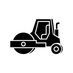 Naklejka premium Road roller black glyph icon. Compactor type vehicle for construction works. Roadworks transportation. Heavy machinery for paving. Silhouette symbol on white space. Vector isolated illustration
