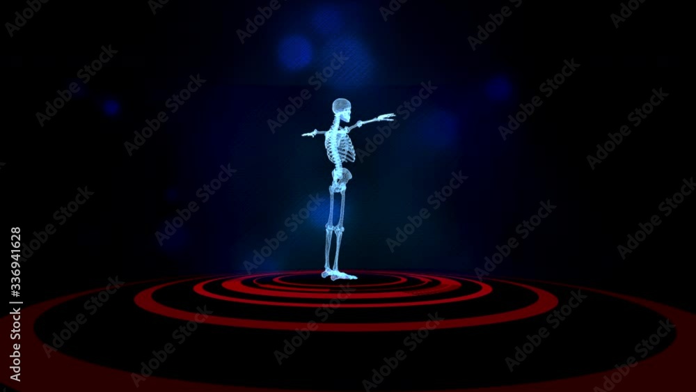Poster 3d human skeleton turning on virtual projection of red hud scape over black background with blue bok