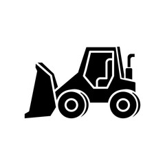 Bulldozer black glyph icon. Road works industrial truck. Dozer for ground loading. Excavator for construction. Agricultural transport. Silhouette symbol on white space. Vector isolated illustration