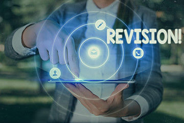 Word writing text Revision. Business photo showcasing action of revising over someone like auditing...