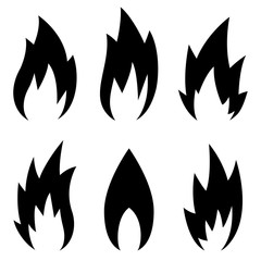 Fire flames, set black icons.