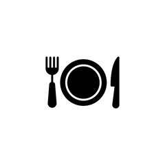 Plate, fork and knife icon in flat style. Food symbol isolated on white background. Bar, cafe, hotel concept. Simple eating icon in black. Vector illustration for graphic design, Web, UI, mobile app