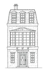 Drawing of classic victorian style house - black and white illustration