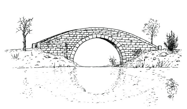 Drawing of classic stone bridge - black and white illustration