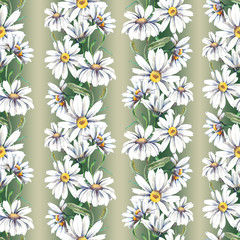 Daisies Seamless Garland. Watercolor Background.