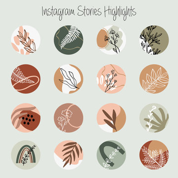 Set of trendy abstract floral and fern highlights for instagram stories cover icons. Set of Abstract shapes,lines and hand drawn flowers
