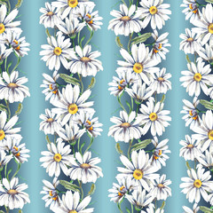 Daisies Seamless Garland. Watercolor Background.